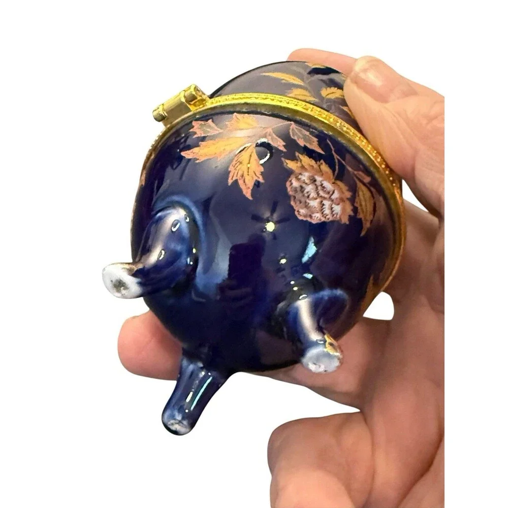 Cobalt Blue Porcelain Egg Form Trinket Box w/ Flowers Decoration